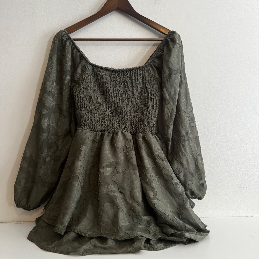 Women's XL Olive Green Floral Smocked Shirt Earth Fairy Fall Coquette Girl Boho